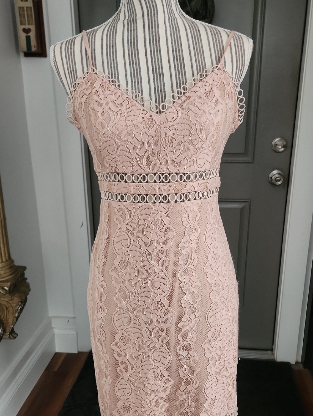 Storia Blush Pink Lace Midi Dress with Spaghetti Straps